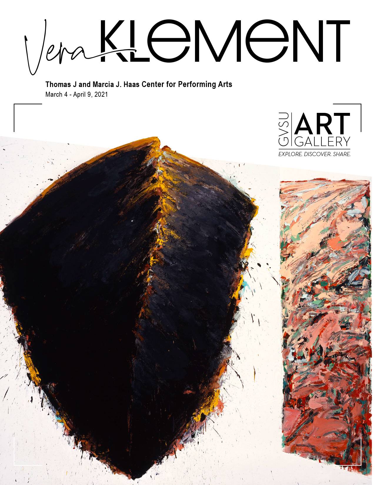 Learning guide for Vera Klement, March 4th through April 9th, 2021 at the GVSU Haas Center for Performing Arts Gallery, an expressive-style painting of a brown boat next to a tall, thin section of painted landscape